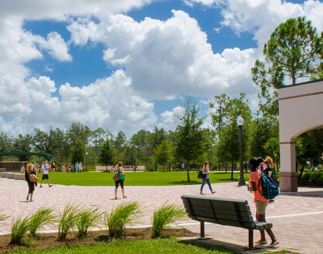 Students walking on the lawn